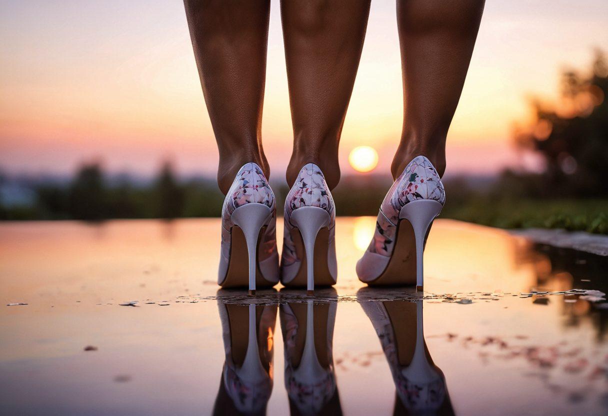A close-up of elegant stiletto heels in a soft focus background of a romantic sunset setting, with silhouettes of couples holding hands in the distance. The heels should be adorned with delicate floral patterns, symbolizing passion and femininity. Subtle light reflections to enhance the allure and sophistication. soft pastel colors. super-realistic.
