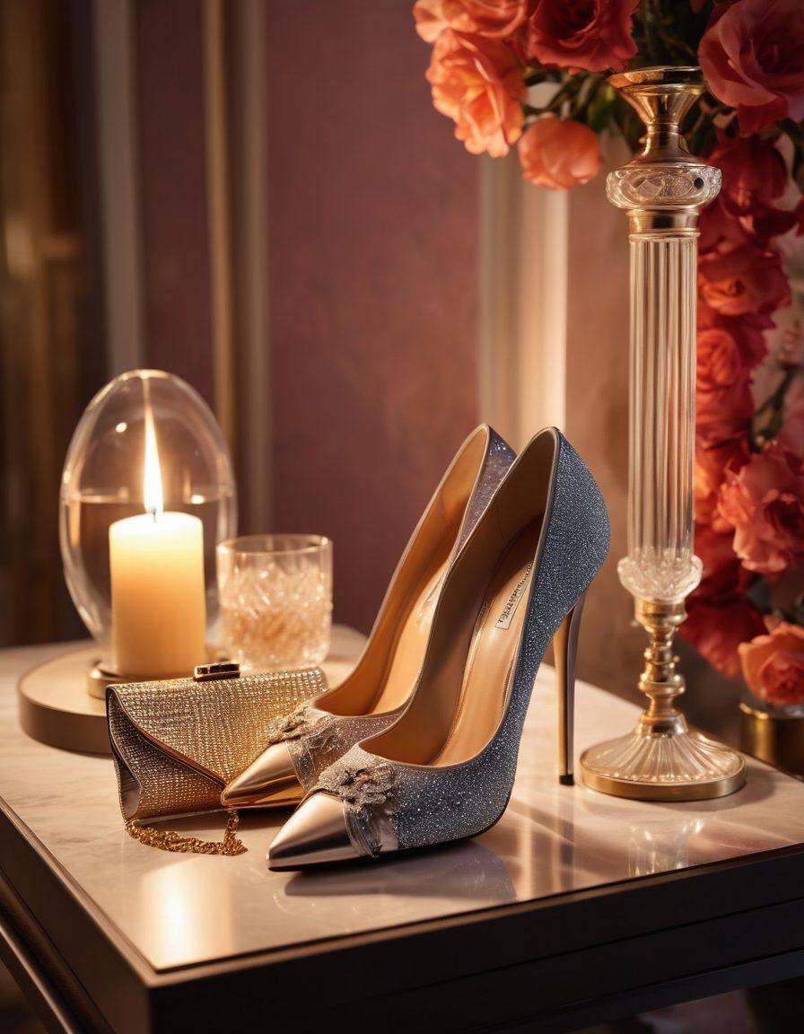 A stylish scene depicting a luxurious high-end shoe on a runway transitioning into a romantic date night setting, with soft candlelight illuminating the background. Include elegant accessories like a clutch bag and delicate jewelry alongside the shoe, creating a feeling of intimacy and allure. The color palette should be warm and inviting, with hints of designer fashion allure lurking in the backdrop. super-realistic. vibrant colors. cozy atmosphere.