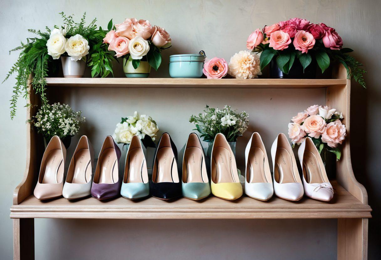 A collection of elegant women's shoes displayed on a vintage wooden shelf, adorned with lush greenery and blooming flowers, showcasing a diverse array of styles from stiletto heels to chic flats. The background features soft pastel colors, creating an inviting and fashionable atmosphere. Highlight reflections on the shoes to emphasize their elegance and uniqueness. vibrant colors. soft focus.